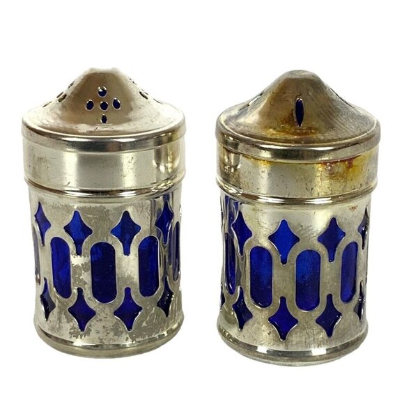 Vintage Silver & Cobalt Blue Glass Salt Pepper Shaker Set Filigree Design - Picture 2 of 4
